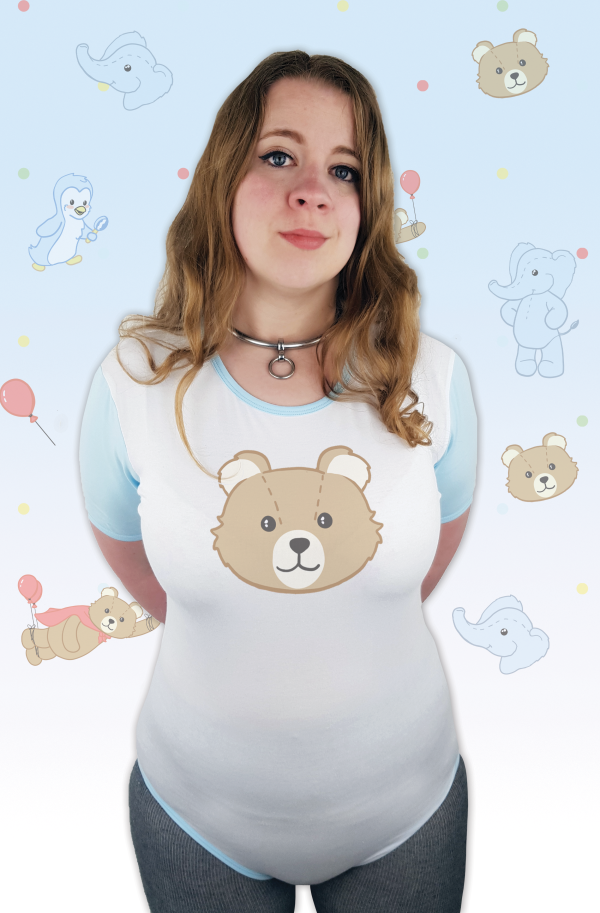 Baby Bear Head custom printed Onesie Bodysuit Blue Binding
